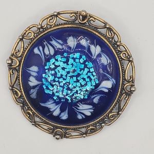 Vintage Estate Sale Floral Filigree Brooch Pendant Enamel Blue Gold Tone